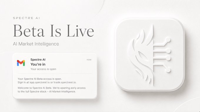 The image presents a screenshot of a market intelligence app named Beta Is Live that has been entered into its beta testing phase. The app displays a white square with a black logo, which appears to be an AI-based dashboard for the company Spectre. The text on the image clearly states "LIVE & DELIVERED: Spectre AI Market Intelligence Beta has entered its first live testing phase." It further explains that registered users and investors will receive beta updates via email, indicating that this is a live beta testing stage where improvements and patches are expected to be released soon.