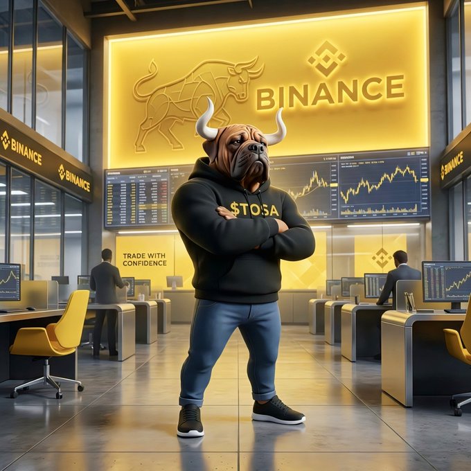 A muscular figure wearing a bulldog mask and a "$TOSA" hoodie stands confidently with arms crossed in a Binance-themed trading floor, surrounded by live crypto charts and the bold "TRADE WITH CONFIDENCE" slogan. The image visually embodies the post's message of strength and momentum, using Binance's branding to reinforce $TOSA's positioning as a dominant force ready to lead the market.