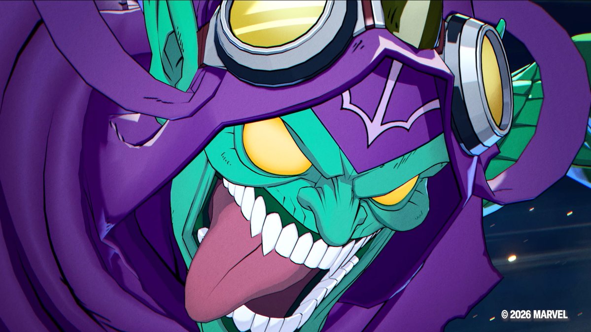 A close-up of the Green Goblin from Marvel, with text "© 2026 MARVEL" visible, suggesting an upcoming release.