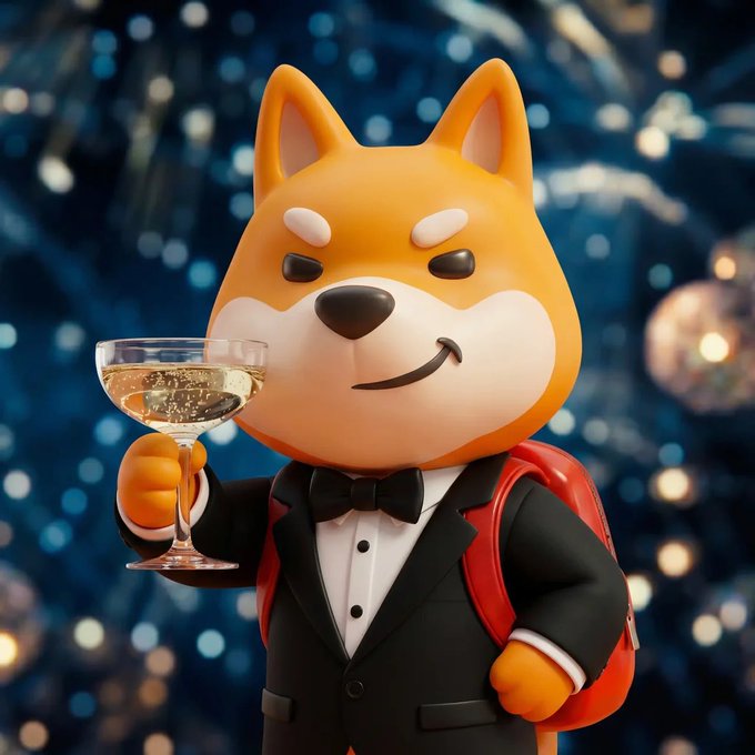 A 3D-rendered Shiba Inu dog character dressed in a black tuxedo with a bow tie, holding a glass of champagne and wearing a red backpack against a sparkling bokeh background.