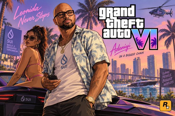 A parody video game cover styled like 'Grand Theft Auto VI,' featuring a man in a Hawaiian shirt wearing a 'SUI' t-shirt next to a woman in a bikini, with Miami-like scenery, SUI branding, and text including 'Leonida Never Stops,' 'SUI: BUILD A BRIGHTER TOMORROW,' and 'SAME PEOPLE BIGGER WORLDS.'
