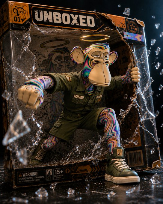 The image features a monkey figurine, possibly from the movie "Ape Achievers", standing inside an open cardboard box that has been broken into pieces. The monkey appears to be wearing a green outfit with a hat and holding a sword. The background of the image is dark, which contrasts with the colorful and detailed monkey figure. The caption for this image reads: "Bored Ape Yacht Club".