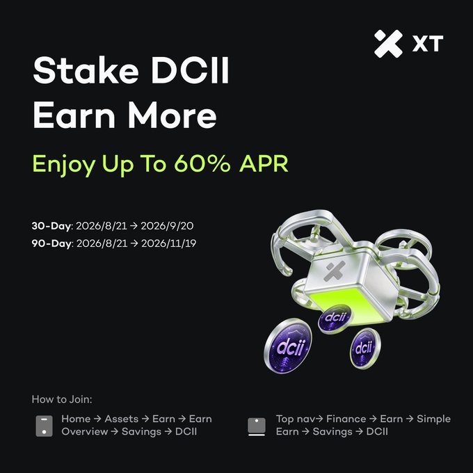 The image is a promotional graphic from XT announcing a DCII token staking event, featuring a 3D illustration of a padlock unlocking with purple "dcii" coins. It highlights "Stake DCII Earn More" with up to 60% APR and lists 30-day (2026/8/21 → 2026/9/20) and 90-day (2026/8/21 → 2026/11/19) staking periods, along with navigation instructions to access the Earn → Savings → DCII section.