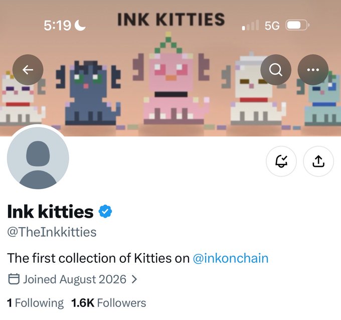 A screenshot of the verified Twitter (X) profile for "Ink kitties" (@TheInkkitties), described as "The first collection of Kitties on @inkonchain," showing 1 Following and 1.6K Followers with pixel-art cat characters in the banner. The post warns that this account is being promoted by a "serial group of scammers" using InkChain to exploit users, advising caution.
