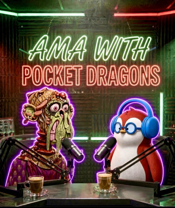 A digital artwork depicting a surreal 'AMA WITH POCKET DRAGONS' podcast setup with a grotesque figure and a cute penguin wearing headphones and glasses at microphones.