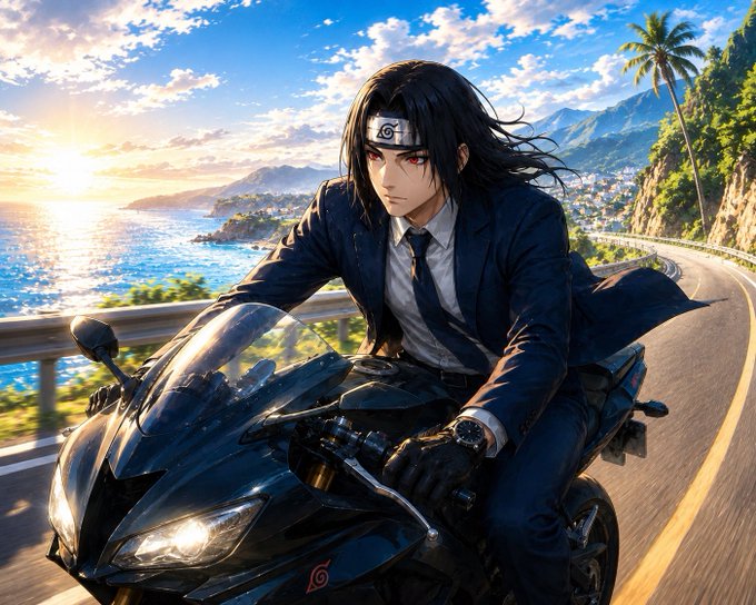 A long-haired anime character wearing a Hidden Leaf Village headband and a sharp suit rides a sleek black motorcycle along a scenic coastal highway, blending ninja heritage with modern swagger—perfectly matching the "Gm" morning greeting vibe.