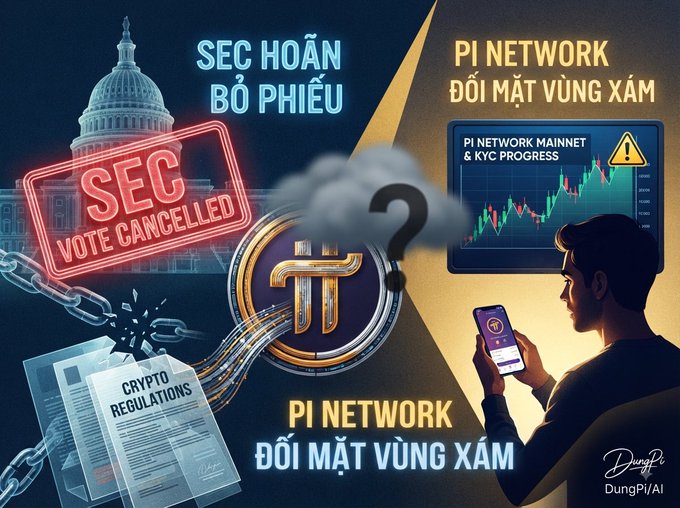 A Vietnamese-language graphic about 'PI NETWORK ĐỐI MẶT VÙNG XÁM' (Pi Network faces gray zone), with text indicating 'SEC HOÃN BỎ PHIẾU' (SEC postpones vote) and a 'VOTE CANCELLED' stamp, alongside an image of a man looking at the Pi coin on his phone.