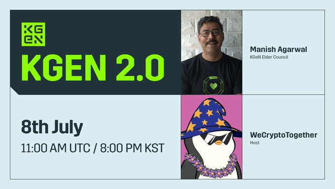 Promotional graphic for "KGEN 2.0" AMA session on 8th July at 11:00 AM UTC / 8:00 PM KST, featuring KGeN Elder Council member Manish Agarwal and host WeCryptoTogether (penguin mascot in wizard hat). The image supports the post's announcement of an upcoming AMA session with KGeN's founder, highlighting the collaboration between the KGeN team and community hosts.