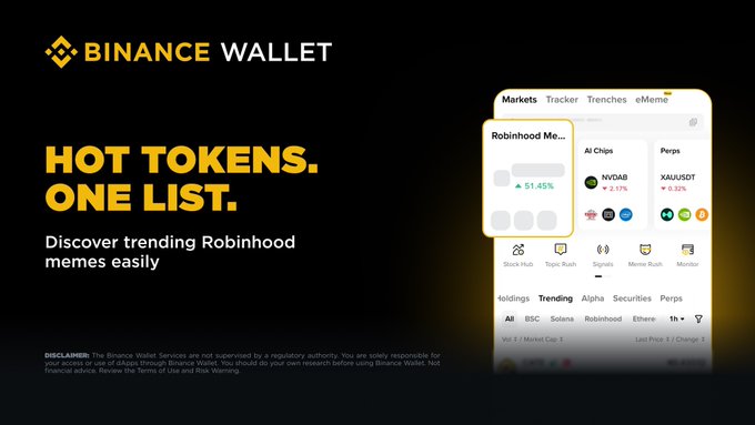 Binance Wallet promotional banner displaying "HOT TOKENS. ONE LIST. Discover trending Robinhood memes easily," featuring a screenshot of the Markets tab with a highlighted "Robinhood Me..." card showing a 51.45% gain, alongside other trending tokens like AI Chips and Perps categories.