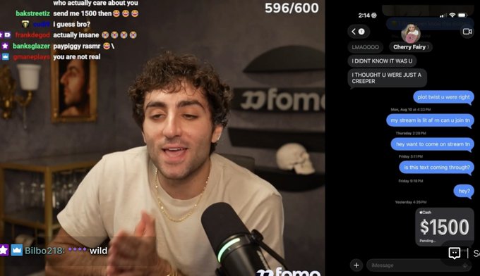 The image shows a livestream screenshot of a curly-haired young man speaking into a microphone, paired with a text conversation on the right where someone offered "Cherry Fairy" $1500 for a stream—accompanied by an unresolved "Payment Pending..." notification. The left side displays viewer comments joking about payment and clout, reinforcing the post's sentiment that the offer appears sad and unsuccessful.