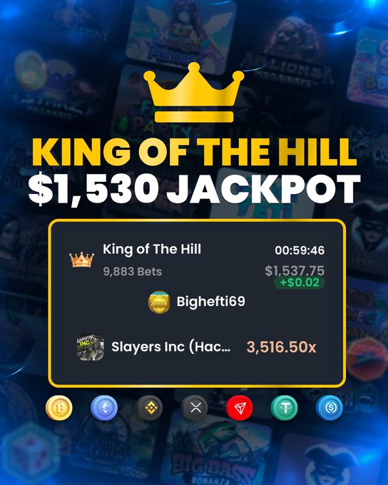 Promotional graphic for a 'King of the Hill' game show featuring a $1,530 jackpot with 9,883 bets, currently held by 'Bighefti69' with a top multiplier of 3,516.50x by 'Slayers Inc (Hac...)'.
