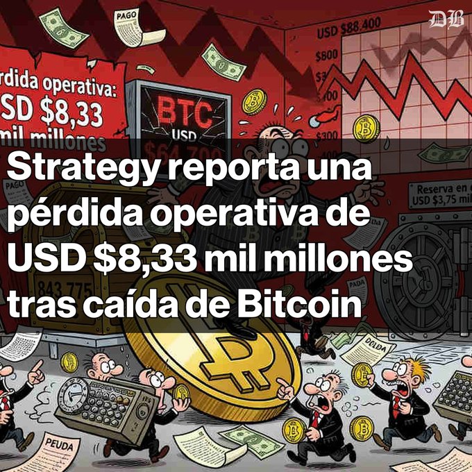 A Spanish-language news graphic stating 'Strategy reporta una pérdida operativa de USD $8,33 mil millones tras caída de Bitcoin,' with a cartoon depicting falling markets, a Bitcoin coin, and panicked businessmen.