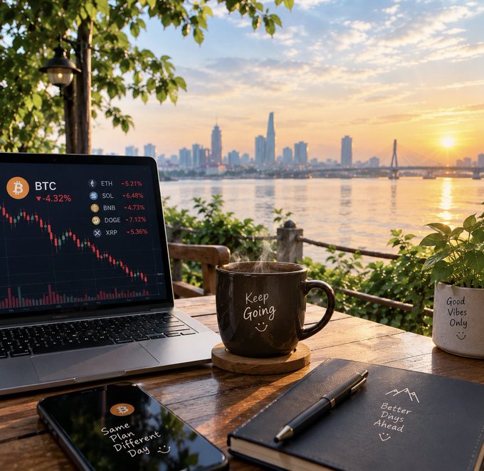 A wooden desk by a waterfront at sunset holds a laptop displaying a steeply declining cryptocurrency chart (BTC -4.32%, ETH -5.21%, SOL -6.48%), alongside a phone, notebook, and a mug reading 'Keep Going'.