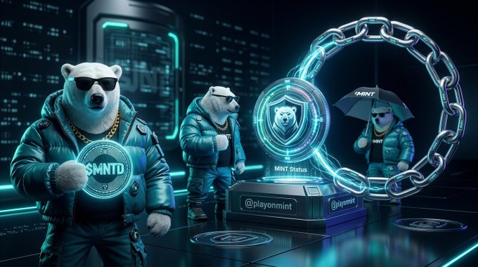 Three anthropomorphic polar bears in futuristic attire pose around an MNT coin, with one holding an umbrella labeled 'MINT'.