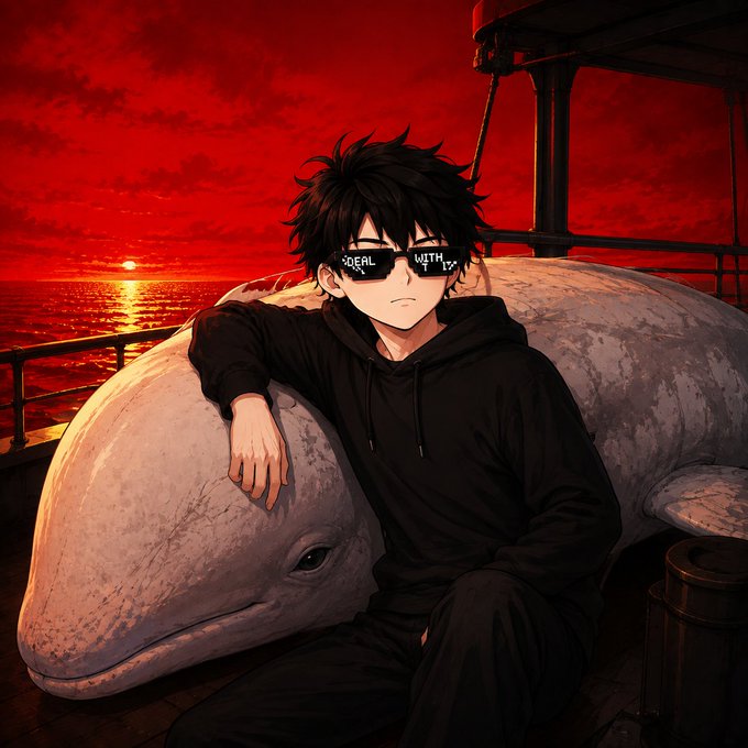 An anime-style illustration of a young man in a black hoodie and sunglasses (with 'DEAL WITH IT' text) sitting against a white beluga whale under a dramatic red sunset sky.