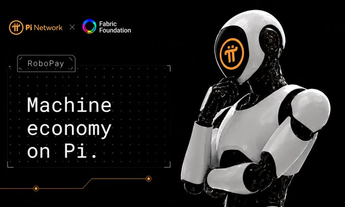 The image displays a promotional graphic for a partnership between "Pi Network" and "Fabric Foundation," featuring a sleek white humanoid robot with the Pi logo on its face in a thoughtful pose. The text "RoboPay" appears in the corner with the headline "Machine economy on Pi" prominently displayed, visually reinforcing the post's announcement about enabling Pi cryptocurrency payments for physical robot services like delivery, security, and assistance.