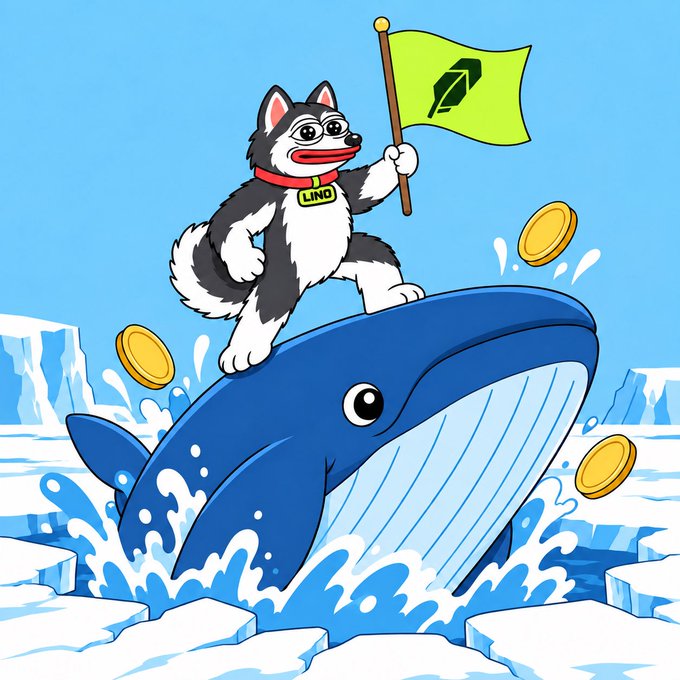 A cartoon illustration of a husky dog wearing a 'LIND' tag, holding a green flag with a logo, standing on a blue whale breaching through icy waters with gold coins flying around.