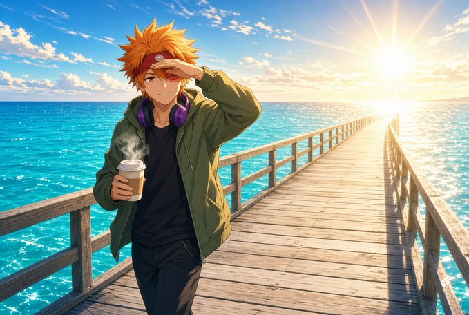 An anime-style illustration of a young man with spiky orange hair and a red headband, wearing a green jacket and purple headphones, holding a coffee cup on a wooden pier extending into a blue ocean under a bright sun.