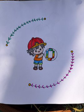 A child's hand-drawn picture on paper featuring a wolf-like character in a red cap holding a beach ball, framed by colored stitched arcs.