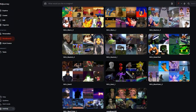 A screenshot of the kidjourney website displaying a grid of user-created AI-generated images organized into themed groups, with the search prompt "What would you like to insipire?" visible at the top.