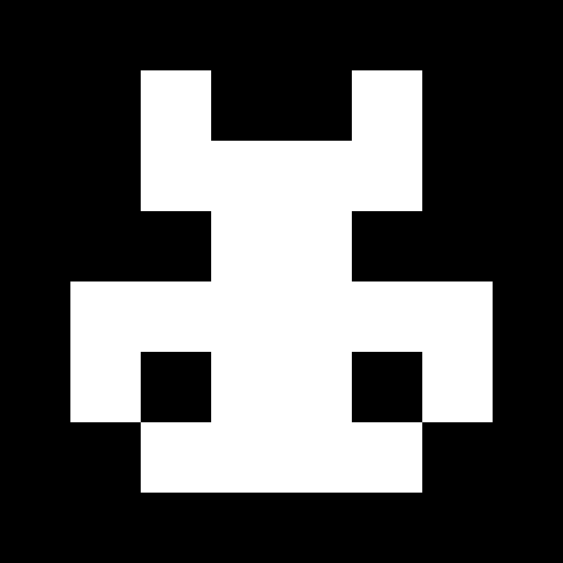 A white pixelated skull icon with two horns and square eye sockets displayed on a black background.