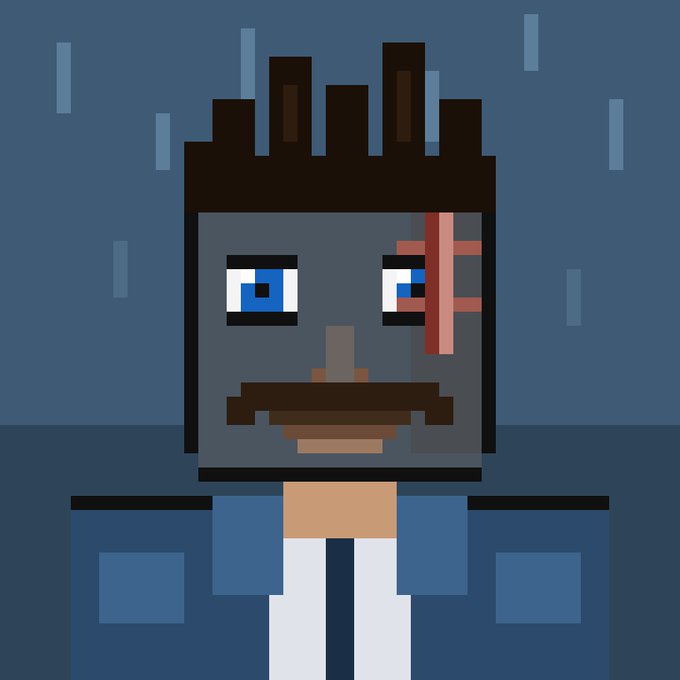 A pixel art character with a beard and crown-like hair, with a red symbol over one eye, set against a blue background with rain-like streaks.