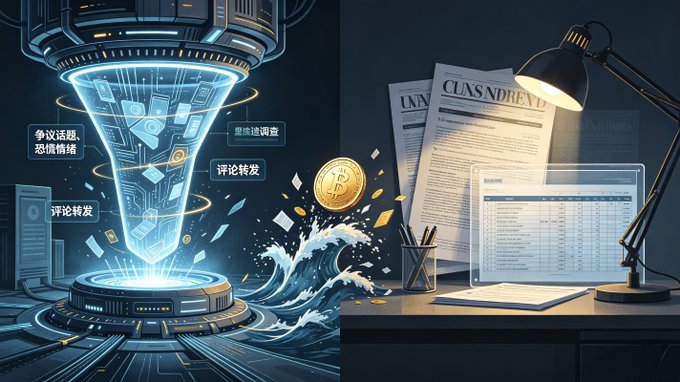 A split-screen illustration with a sci-fi hologram device processing data on the left, and a desk with a lamp, documents, and a laptop showing financial charts on the right, centered around a floating Bitcoin coin.