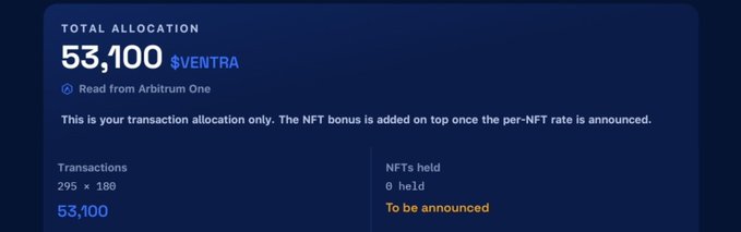 A dark blue dashboard shows a "TOTAL ALLOCATION" of 53,100 $VENTRA tokens, noting "295 x 180" transactions, read from Arbitrum One.
