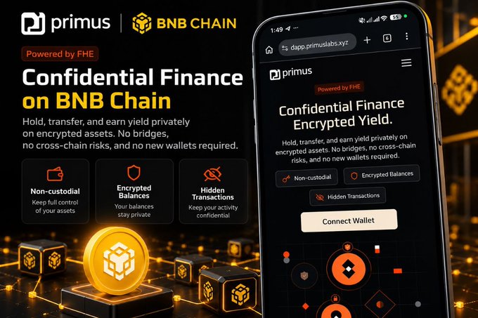 A promotional advertisement for 'primus' (Powered by FHE) on BNB Chain, highlighting 'Confidential Finance on BNB Chain' with features including Non-custodial, Encrypted Balances, and Hidden Transactions, displayed alongside a mobile phone showing the app interface with a 'Connect Wallet' button.