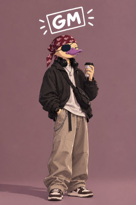 A full-body illustration of a figure dressed in streetwear (bandana, sunglasses, purple cap, black jacket, beige cargo pants) holding a coffee cup, with a cartoon-style 'GM' speech bubble overhead.