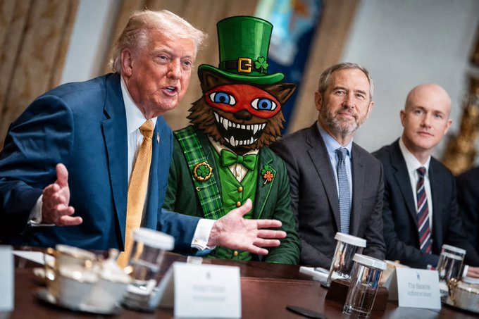 Donald Trump is pictured with a cartoonish leprechaun-like character and two other men at a table, with the post suggesting this represents Brad Garlinghouse of Ripple meeting with Trump and regulatory officials.