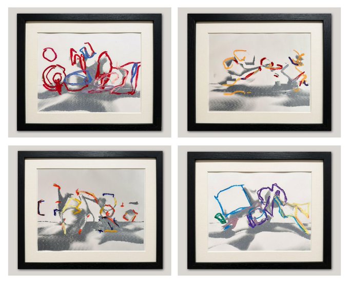 The image features a collection of four framed artworks depicting abstract designs or patterns, each with different colors and shapes. The artworks are arranged in a square formation, showcasing a diverse range of artistic styles and interpretations. The post highlights these artworks as part of the @ArtBasel series, which is available for collectors to purchase online.