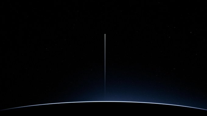 A vertical rocket-like streak launches from the horizon of Earth into a starry black sky, symbolizing a journey of ascent. The image visually echoes the post's metaphor about an upward journey beginning on the Robinhood Chain, though no specific text, numbers, or tickers are visible in the image itself.