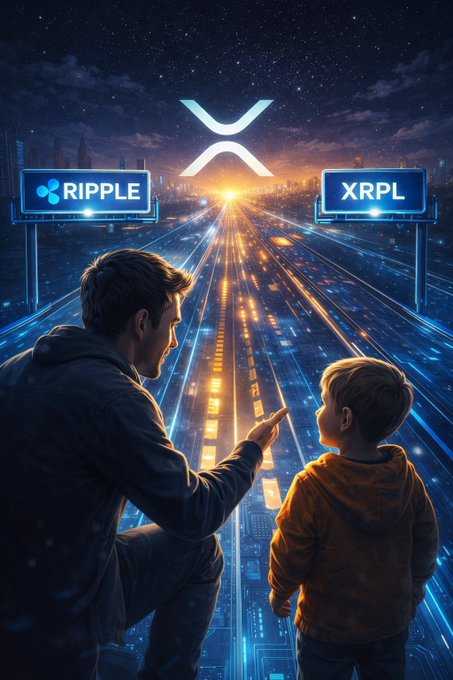 The image features a man and a child standing next to each other, looking at a poster with two signs - one reading "Ripple" and another saying "XRP". The poster also includes a blue sky background with stars and buildings, which is related to the concept of Ripple, an online currency platform. The text on the poster explains that Ripple is like a digital highway for money, while XRP is a fuel that powers this digital revolution. It emphasizes how the era of slow, expensive payments has ended, and the global financial reset is now in progress with Ripple as its driving force.