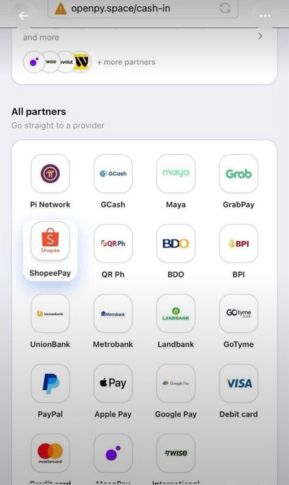 Screenshot of the openpy.space/cash-in website displaying payment partners including Pi Network, GCash, Maya, GrabPay, ShopeePay, QR Ph, BDO, BPI, UnionBank, Metrobank, Landbank, GoTyme, PayPal, Apple Pay, Google Pay, Debit card, Mastercard, MayaPay, and International.