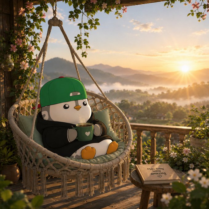 The image features a cute cartoon penguin sitting comfortably in a swinging white outdoor chair placed on a porch. The penguin is holding a green coffee cup while enjoying his drink. In the background, there are plants adding a touch of greenery to the scene, and mountains can be seen beyond the foliage. A book titled "RIVER" is also visible near the Penguin, possibly indicating that he's in a relaxed outdoor setting where reading might be a favorite pastime. The post suggests that the penguin was inspired by the idea of "hope" as an investment theme for trading and wants to learn more about it.