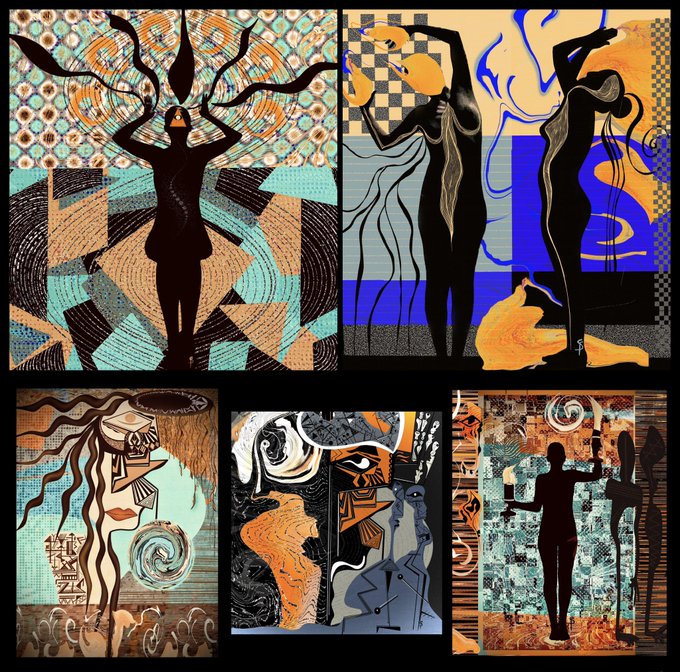 A collage of five abstract digital art pieces featuring stylized human figures and geometric patterns in a color palette of orange, teal, blue, and black.