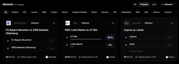A screenshot of the Melee prediction markets interface showing three presale basketball and soccer markets—FC Bayern München vs. EWE Baskets Oldenburg ($0/$15.0k), KBO: Lotte Giants vs. KT Wiz with KT Wiz at 91% favorability ($330/$15.0k), and Cyprus vs. Latvia ($0/$15.0k)—all scheduled to open for trading in 6-37 hours, illustrating the author's advice that presale entries require reassessment once markets go live and odds shift.