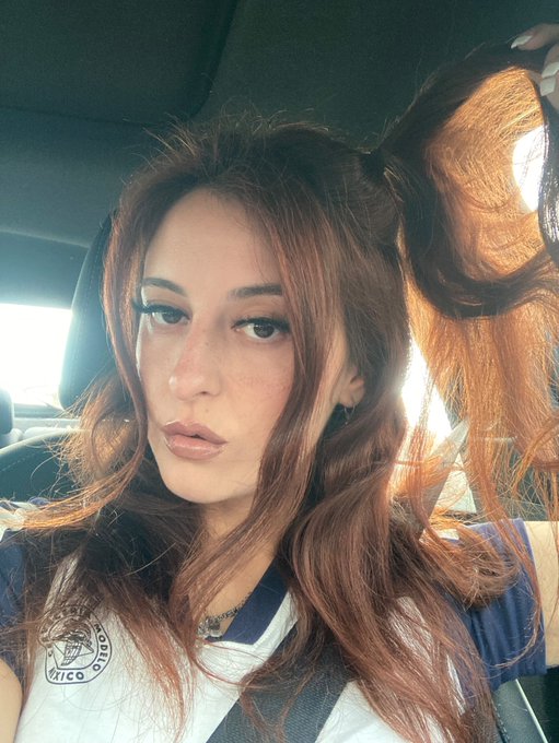 A young woman with reddish-brown hair styled in pigtails takes a selfie while sitting in a car, wearing a blue and white shirt.