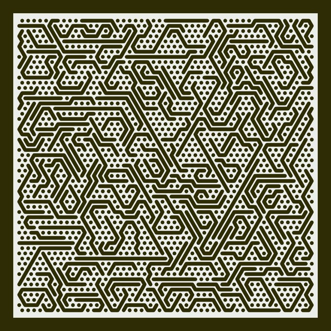 A black and white abstract pattern featuring maze-like circuit board designs with dots and pathways framed by a dark olive border.