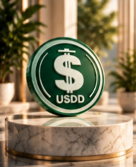 A 3D-rendered green USDD stablecoin token displayed on a marble pedestal with potted plants and a sunlit interior in the background.