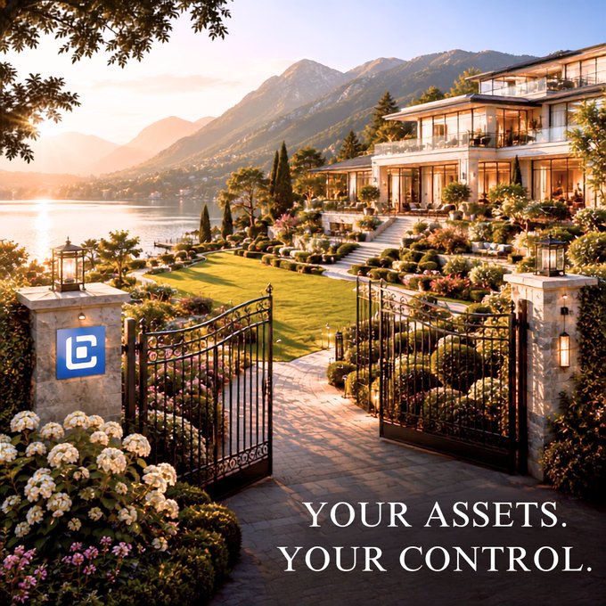 An illustration shows a luxurious estate with an open wrought-iron gate leading to a garden and house, with the text "YOUR ASSETS. YOUR CONTROL." in the bottom right corner.
