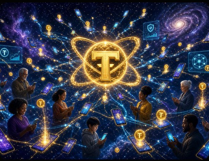 A glowing "T" token logo surrounded by orbital rings floats in a cosmic galaxy backdrop, connected by golden light streams to diverse smartphone users across age groups and backgrounds who are mining/holding Torium (TOR) tokens. Digital data interfaces display network metrics, visually representing Torium's mobile mining concept—leveraging the existing 4.7 billion smartphone users worldwide as the world's largest distributed network for participation.