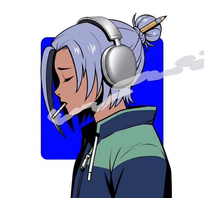 An anime-style illustration depicts a character with silver hair wearing large headphones and a blue and green jacket, smoking a cigarette with a pencil tucked into their hair.