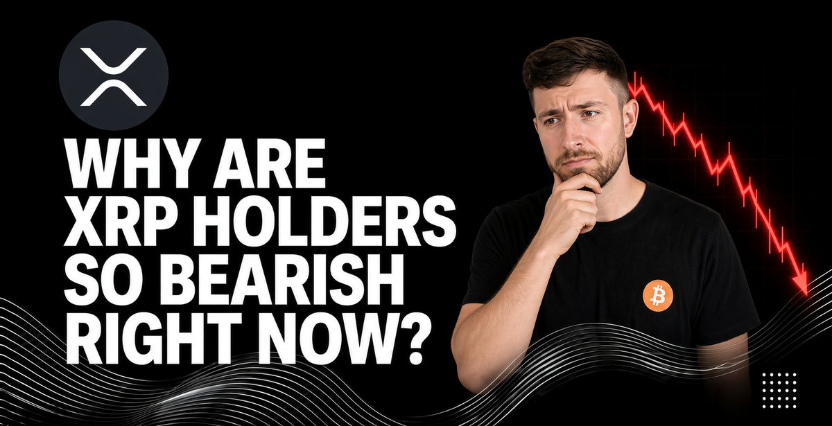 A man with a beard looks thoughtfully at the camera next to text reading 'WHY ARE XRP HOLDERS SO BEARISH RIGHT NOW?' alongside a downward red trend line and the XRP logo.