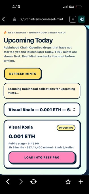 A mobile phone screenshot of a browser displaying the urchinfrens.com Reef Mint page, showing an 'Upcoming Today' notification for Robinhood Chain OpenSea drops, with a featured 'Visual Koala' NFT drop at 0.001 ETH scheduled for 6:45 PM with a 'LOAD INTO REEF PRO' button.
