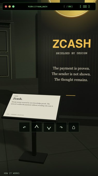 A dark webpage for 'ZCASH - SHIELDED BY DESIGN' featuring the tagline 'The payment is proven. The sender is not shown. The thought remains.' displayed on a wall behind a digital kiosk.