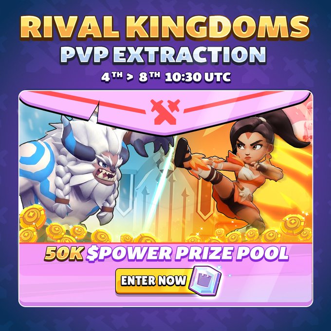 Promotional graphic for a "Rival Kingdoms PvP Extraction" event running from the 4th to 8th at 10:30 UTC, featuring a fierce battle between a horned white beast and an orange-clad warrior above a pile of coins. The banner advertises a 50K $POWER prize pool with an "Enter Now" button, aligning with the post's call to action to enter the Fableborne app for a chance to win up to 50x the entry fee.