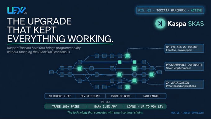 The image shows a blue graph with various information about the upgrade process of the Tocata hard fork being shipped by Kaspa. The graph displays key milestones, such as programmability via SilverScript, native tokens, and zero-knowledge verification. These features are crucial for maintaining the integrity and security of the KASA ecosystem.