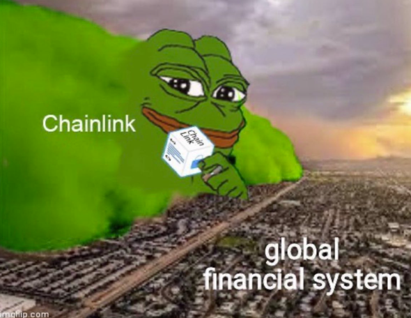 A 'Pepe the Frog' meme image shows the cartoon frog holding a product labeled 'ChainLink' over a city landscape, with text reading 'Chainlink' and 'global financial system'.